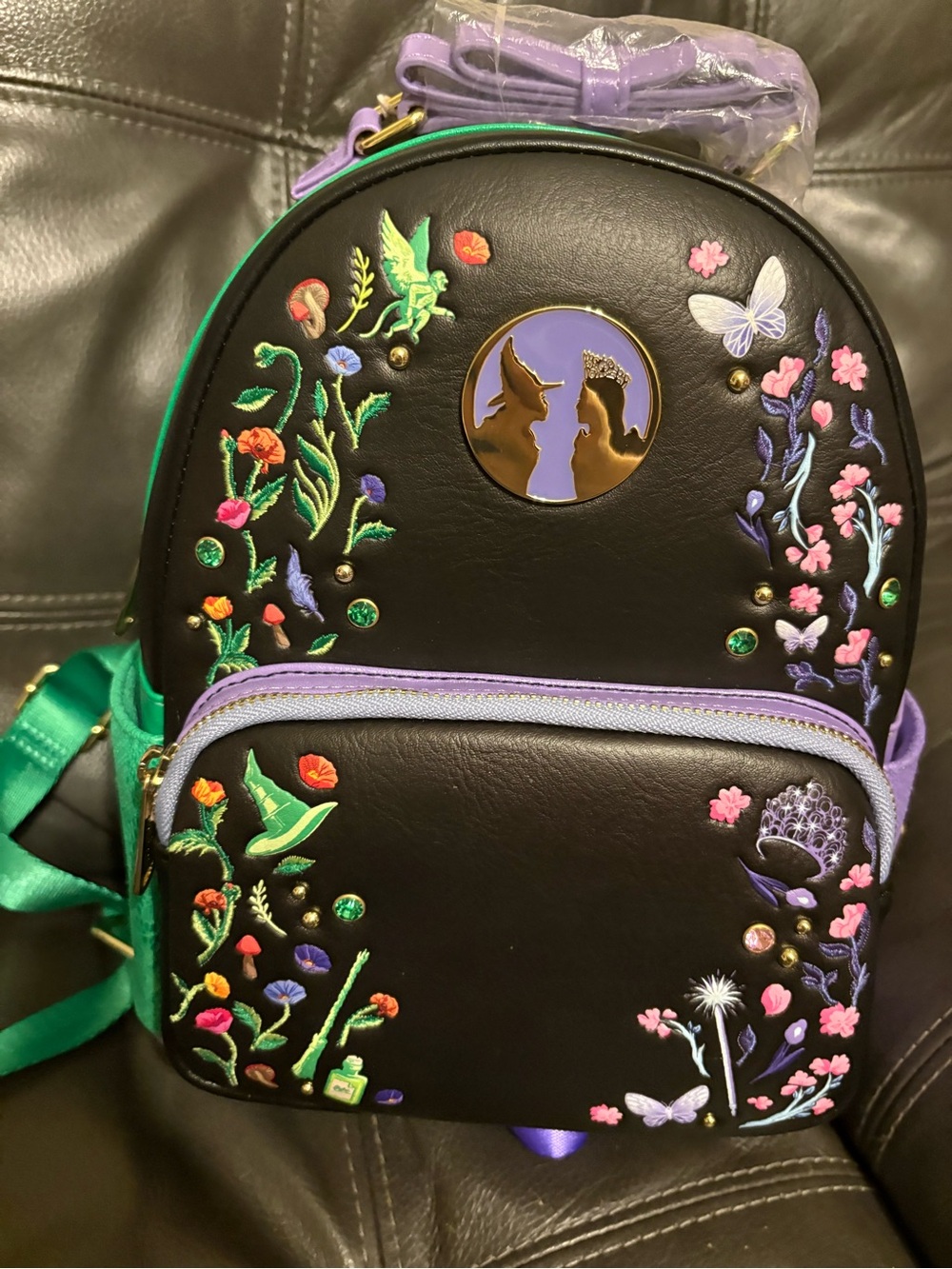 Loungefly Embroidered Wicked  Mini Backpack with Purple and green trim